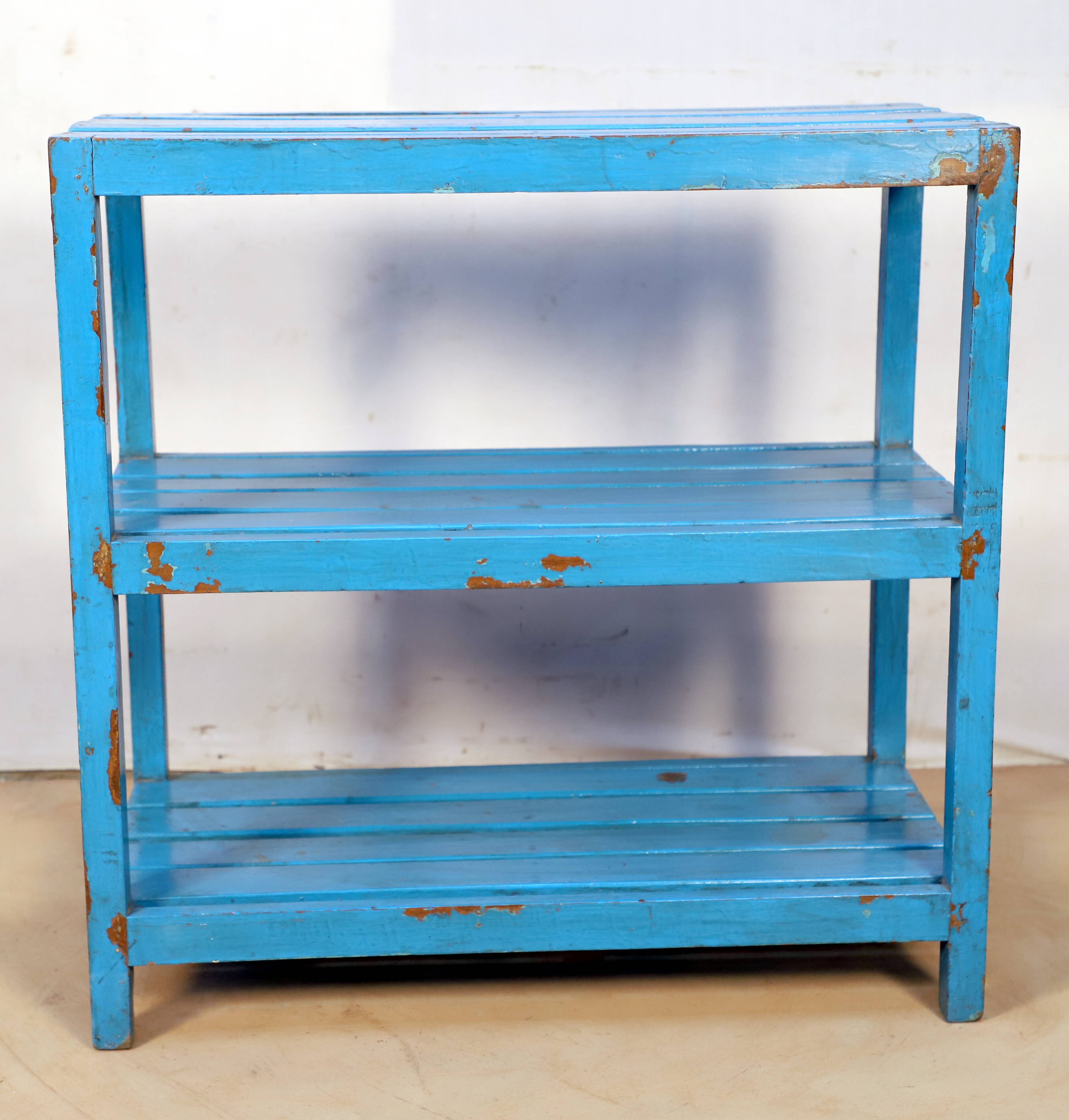 3-level Burmese teak shelf with original blue patina