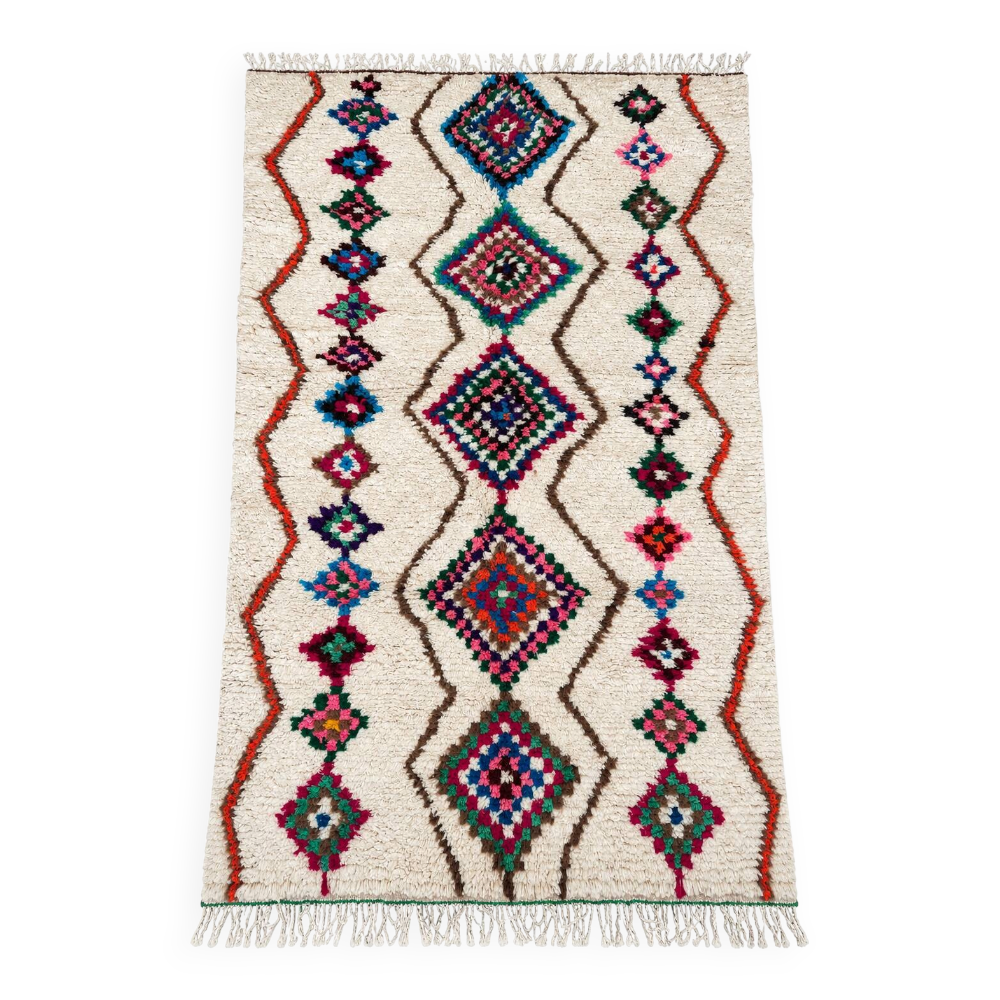 Moroccan Berber rug in cream wool with multicoloured diamonds – 250 × 147 cm