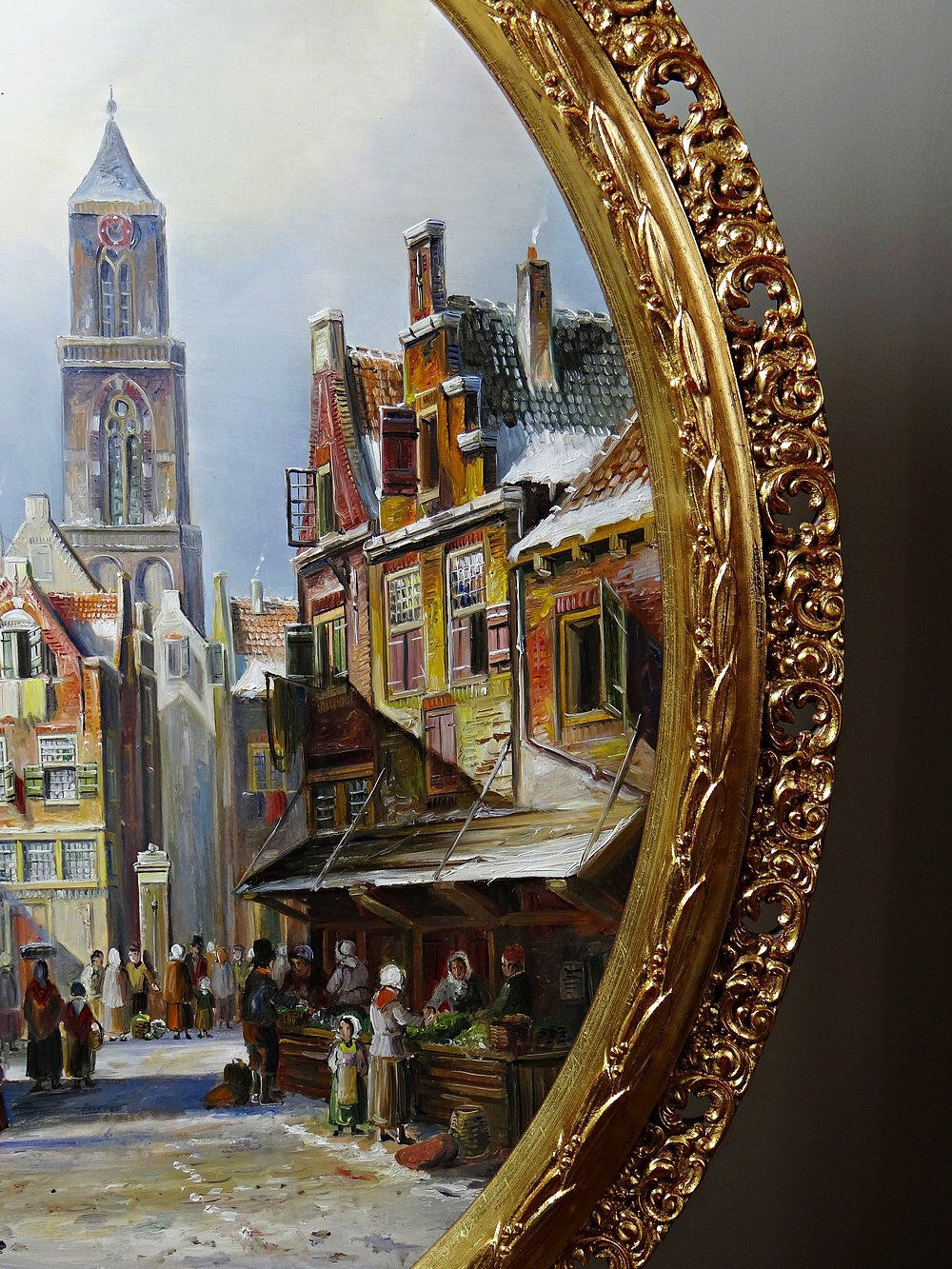 Large painting of an urban scene, oil on wood, framed, John Haanstra, vintage.
