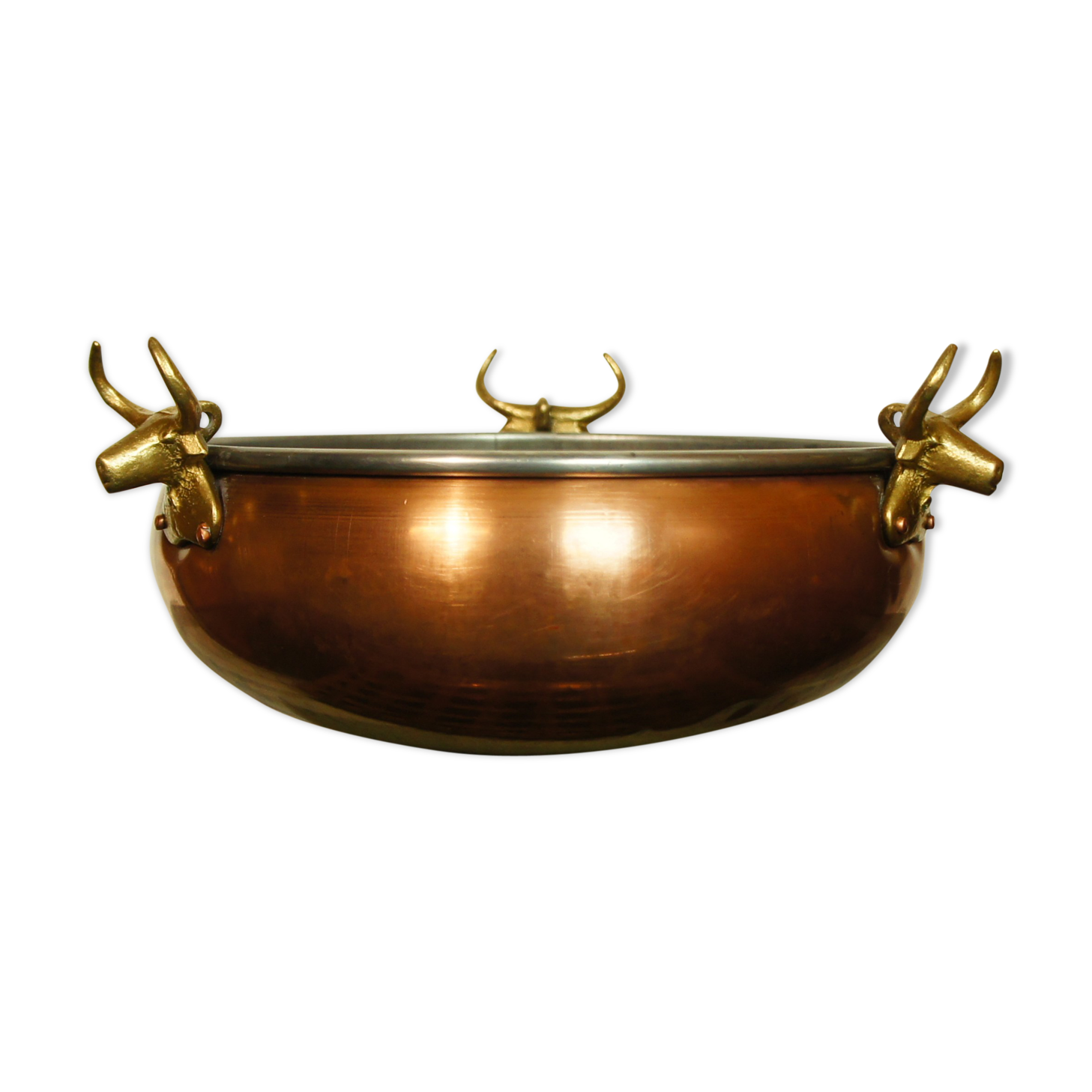 Copper cauldron with golden bronze bull heads