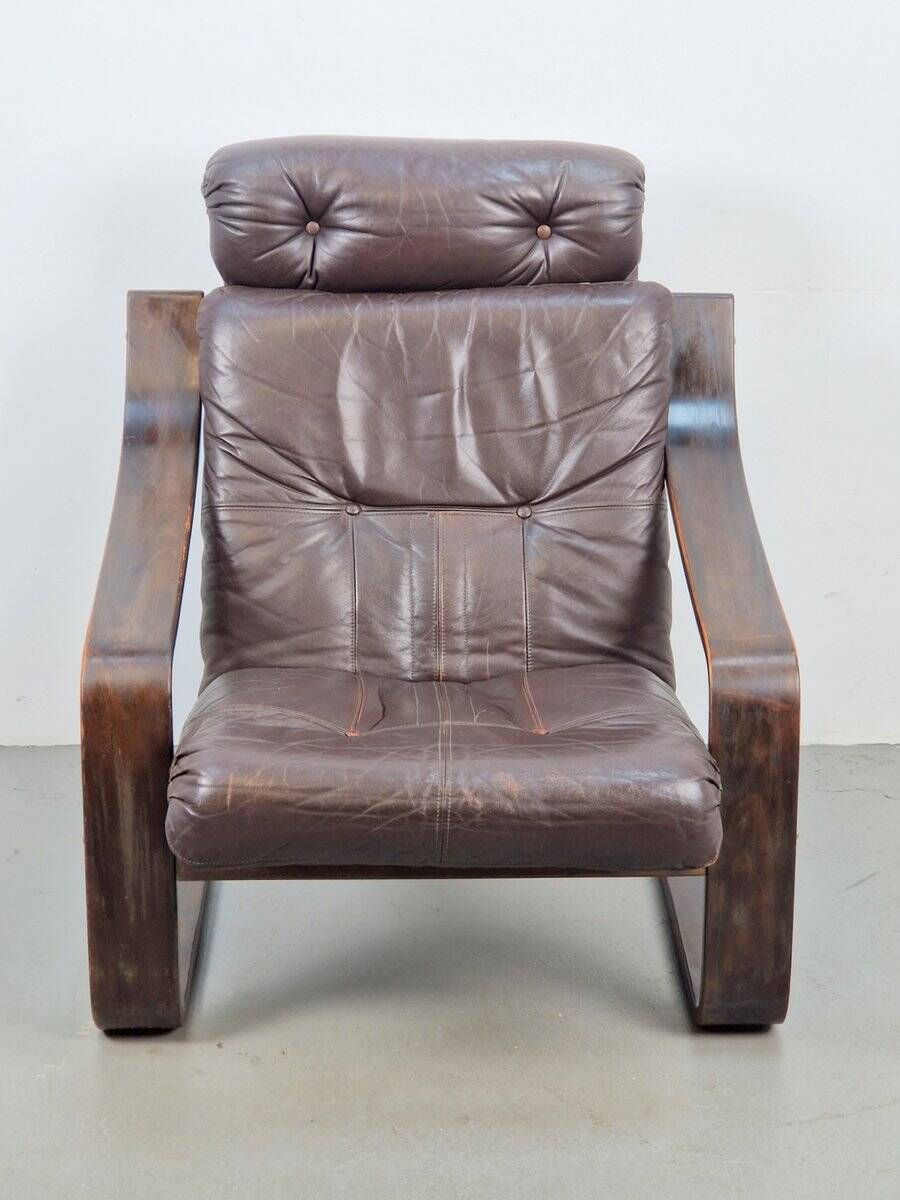 Vintage Armchair in Brown Leather and Bentwood attributed to Coja, 1970s