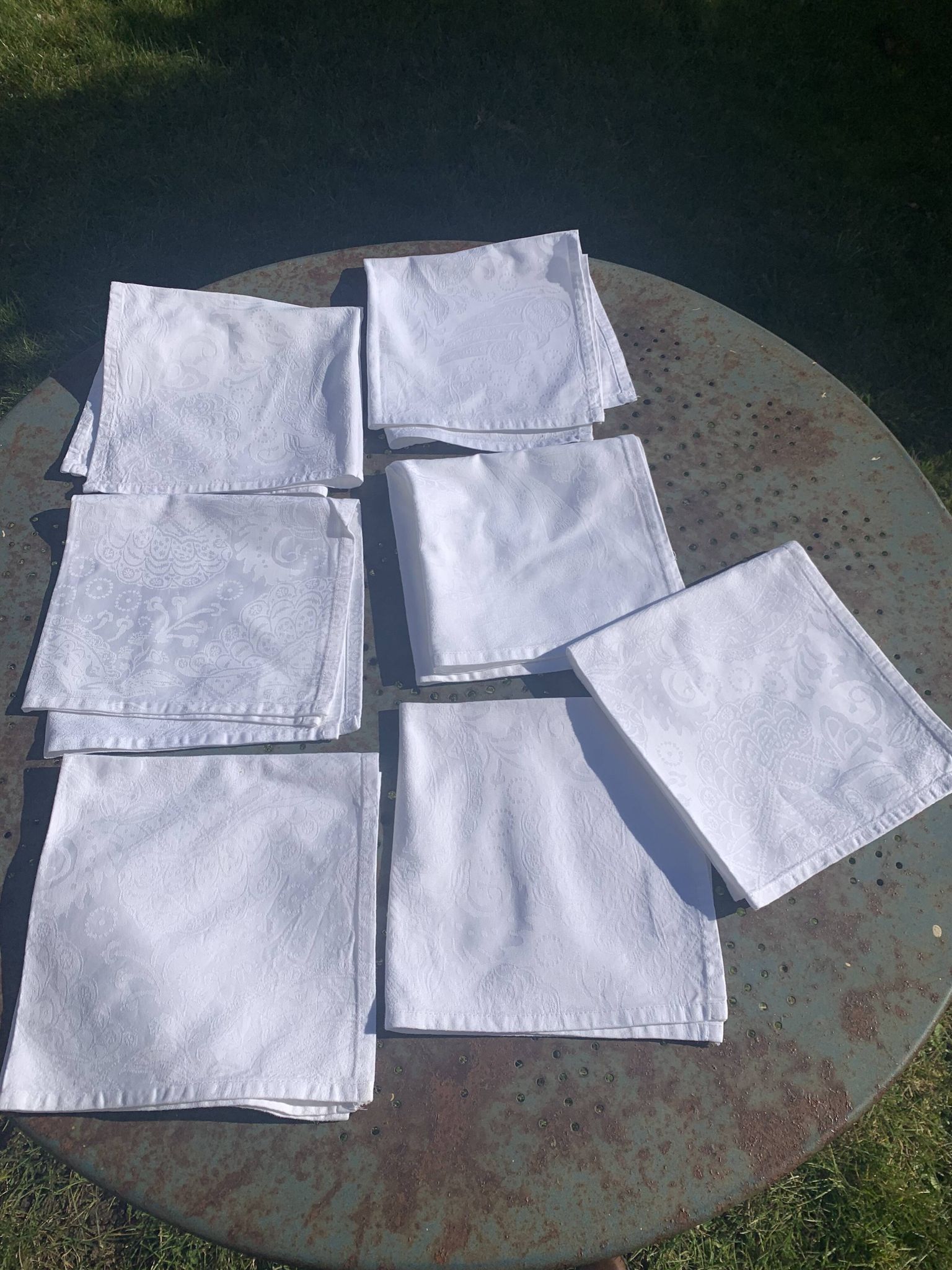 7 white damask cotton napkins, Christian Lacroix, vintage