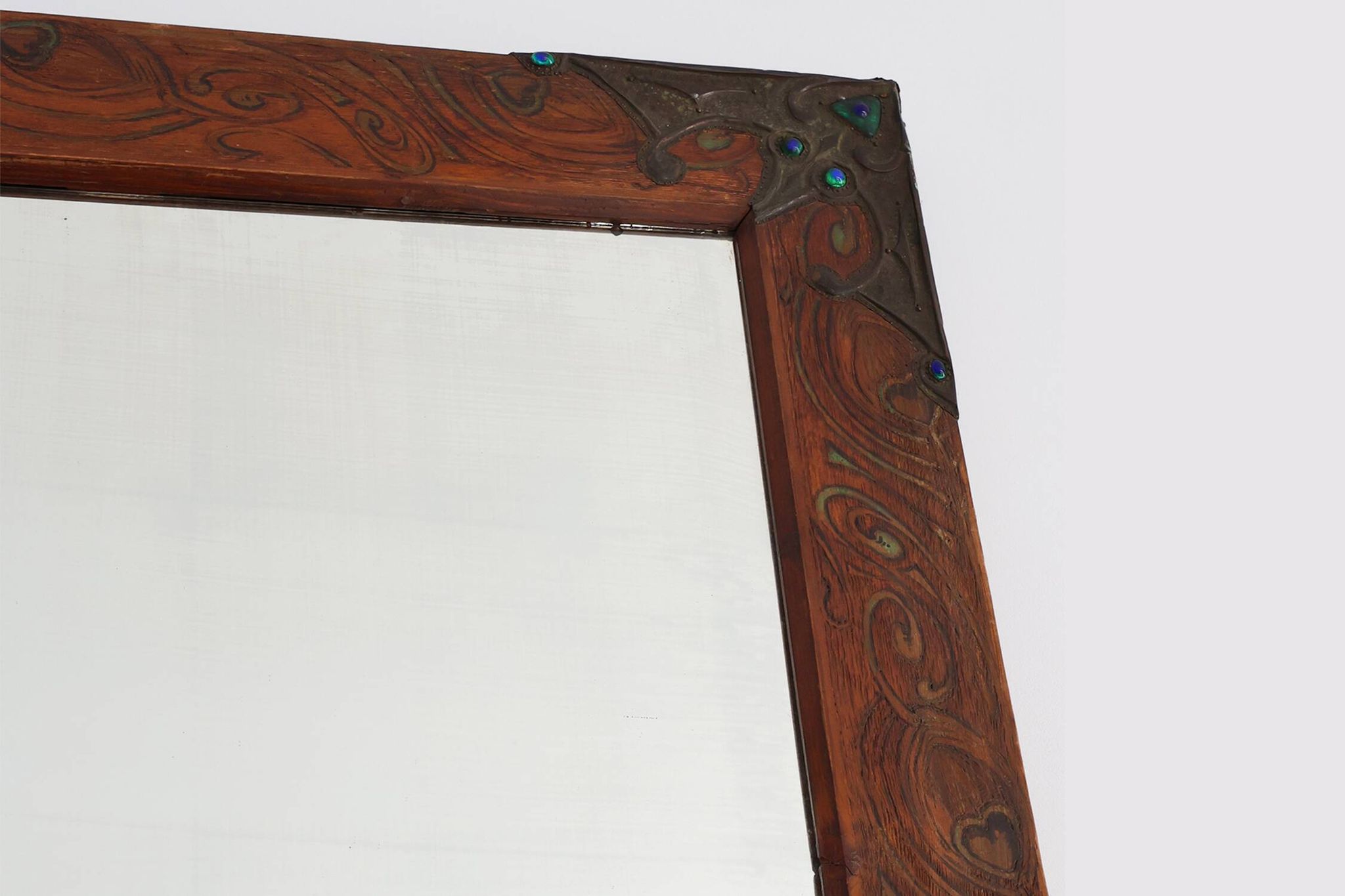 Art Nouveau mirror with hand painted peacock decoration, France ca. 1915