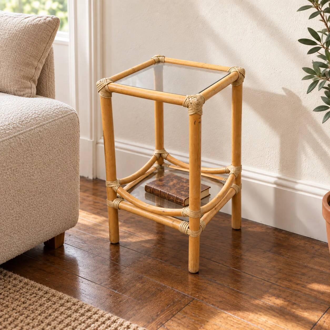 Table d'appoint en bambou et plateaux en verre