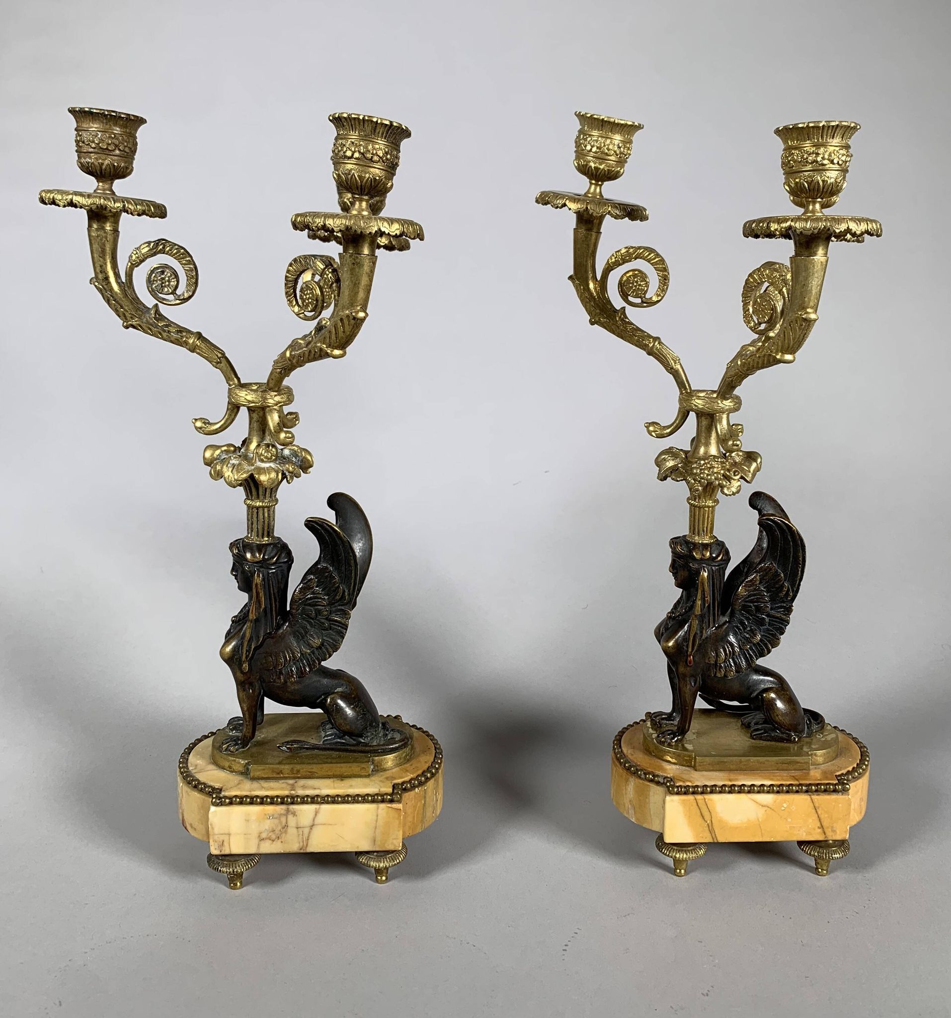 Paire De Candelabres Aux Sphinges En Bronze Dore,  XIXeme Siècle