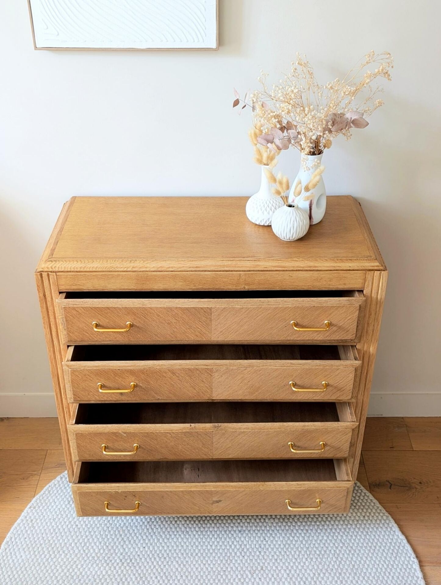 Commode vintage rénovée, chêne blond, pieds compas, années 50 60