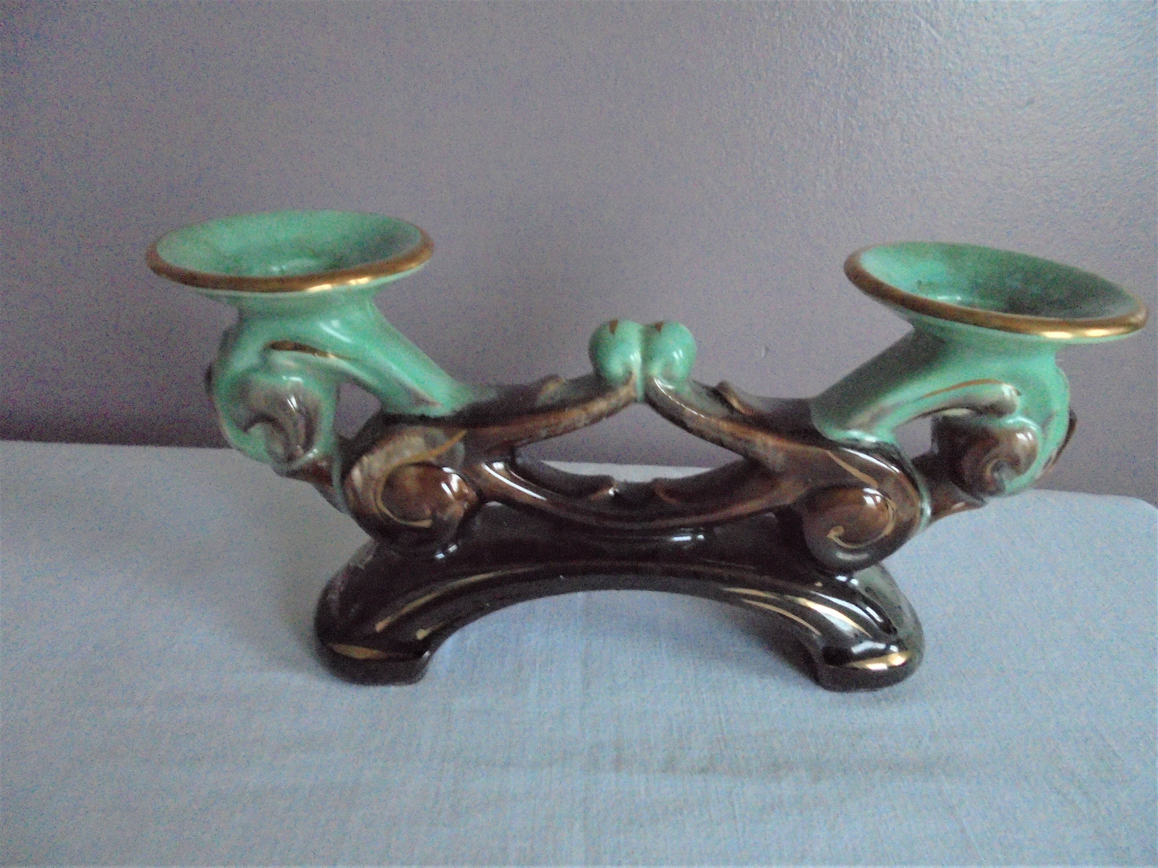 Vintage ceramic chandelier green and brown contours gold Bay Keramik