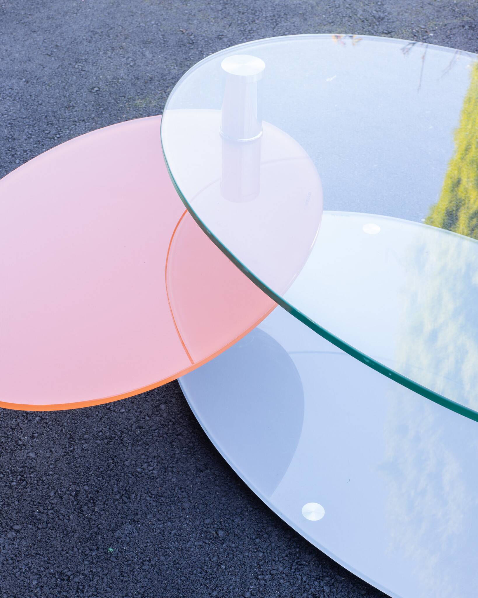 Antoine Motard designer swivel tempered glass coffee table