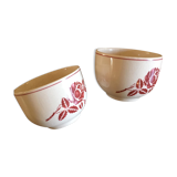 2 tasses anciennes en faïence, motifs fleurs rouges