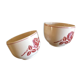 2 antique earthenware cups, red flower motifs