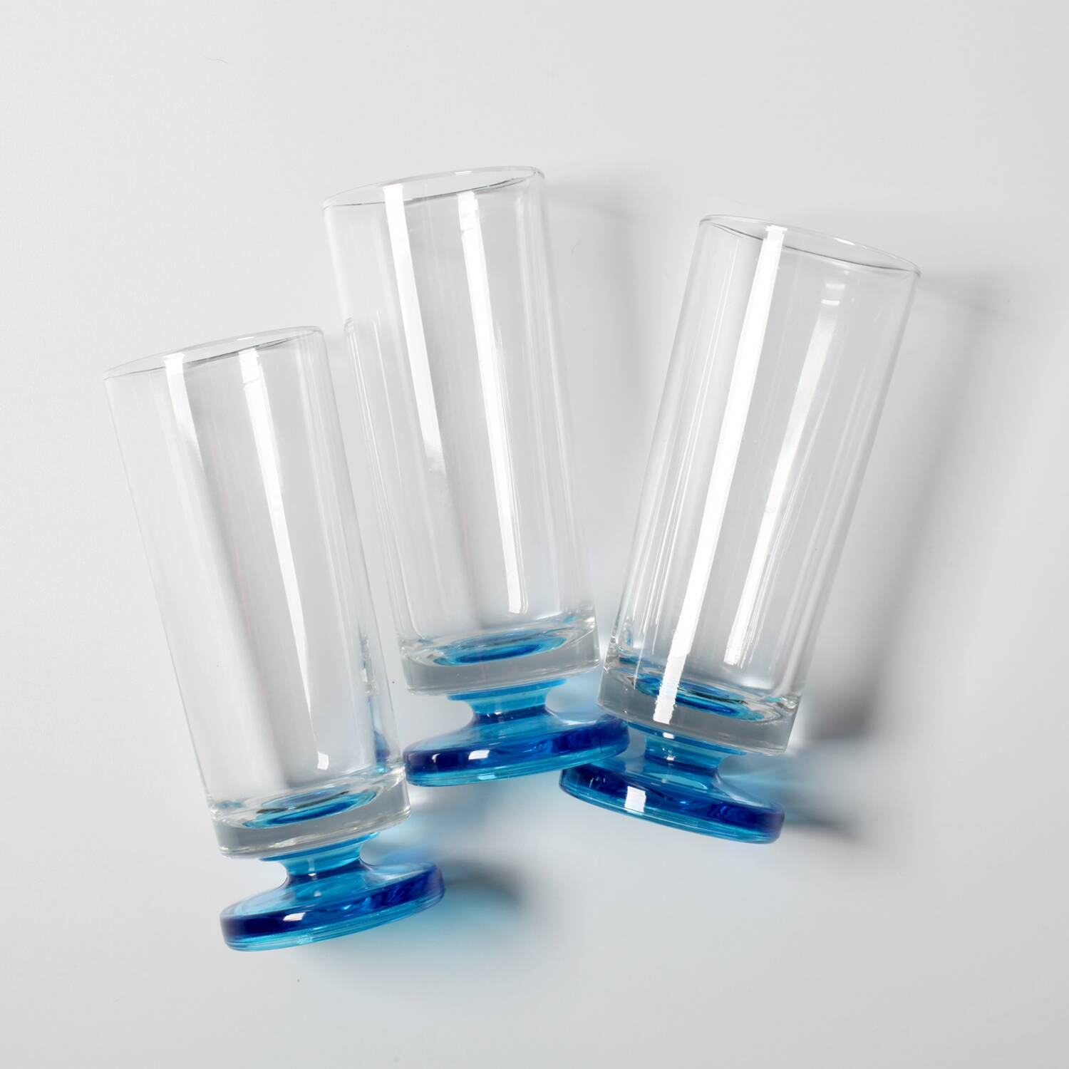 Set of 3 Vintage Blue-Footed Glasses / Mid-century Rare Tall Tumblers