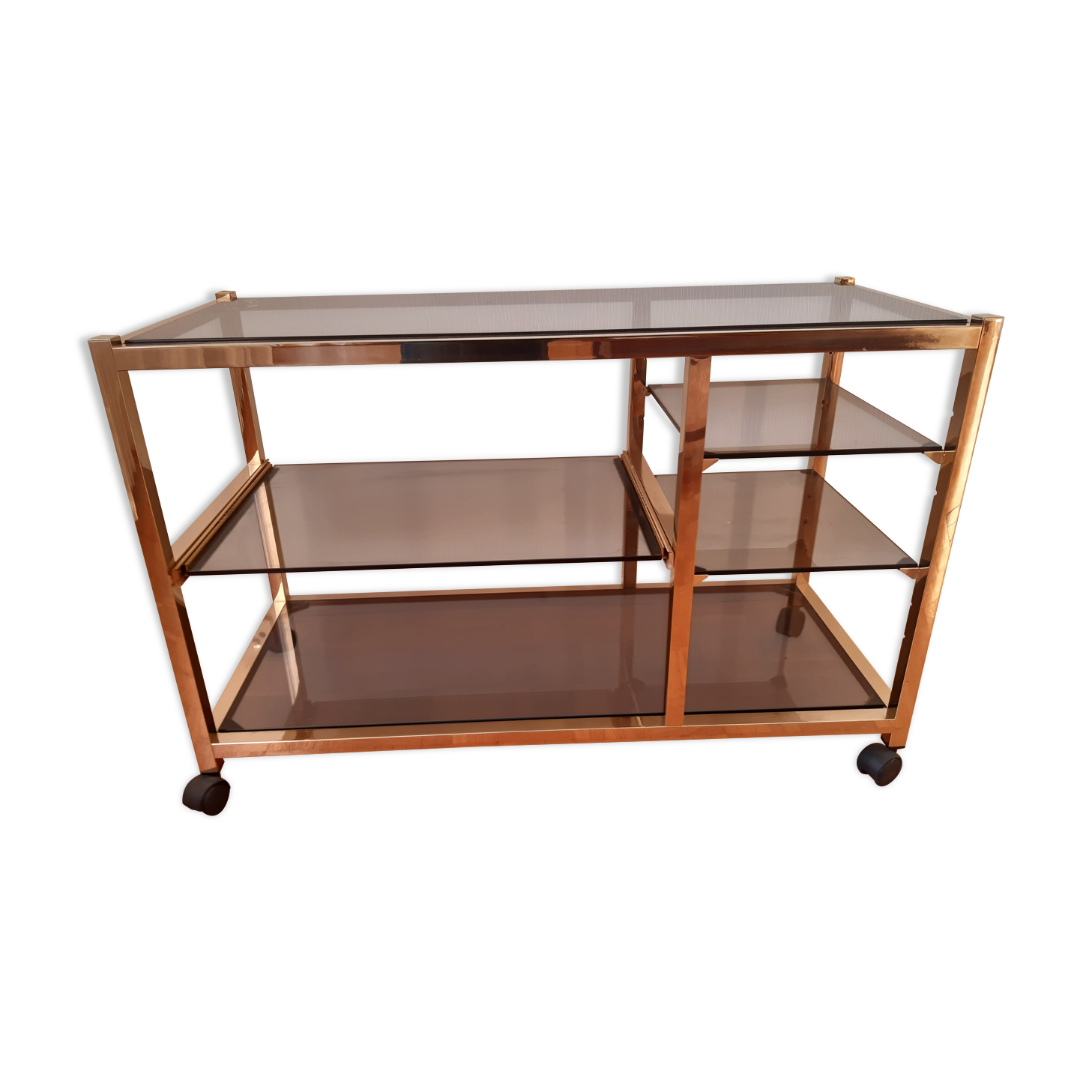 Vintage TV stand in brass and smoked glass 1970