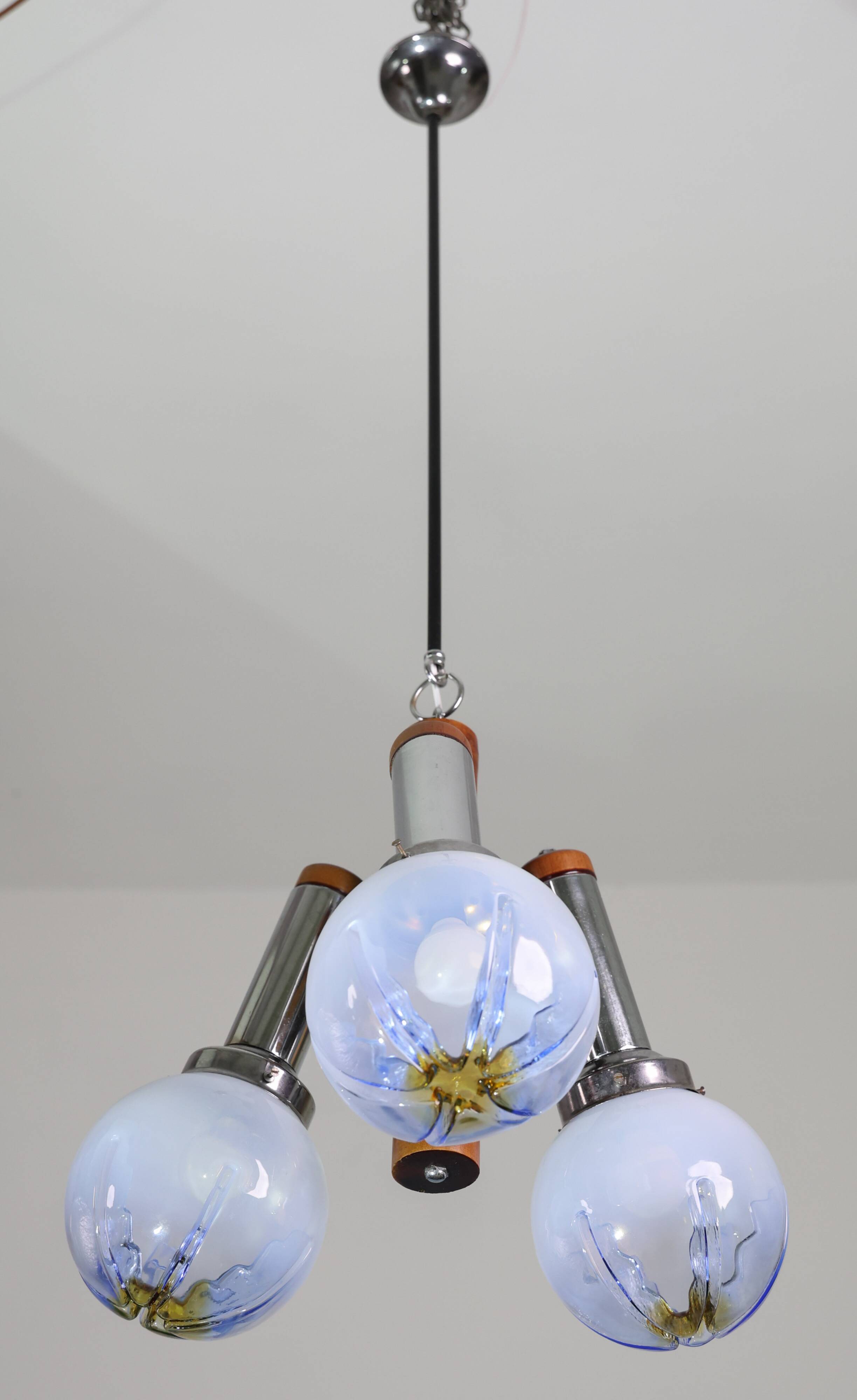 Chandelier en verre de Murano turquoise bleu à 3 lumières de style italien des années 50 par Mazzega