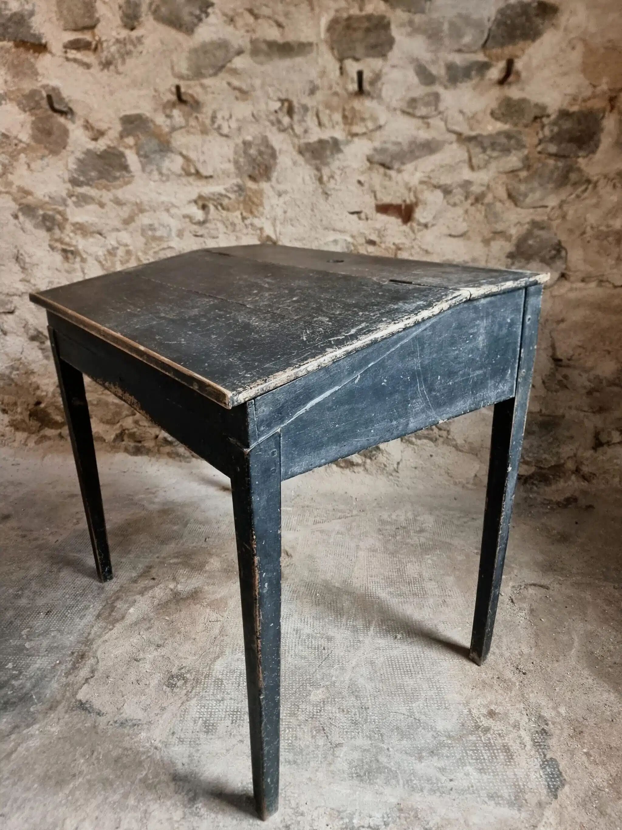 Bureau d'école français ancien, bureau d'écriture noir, bureau à abattant, vers 1900