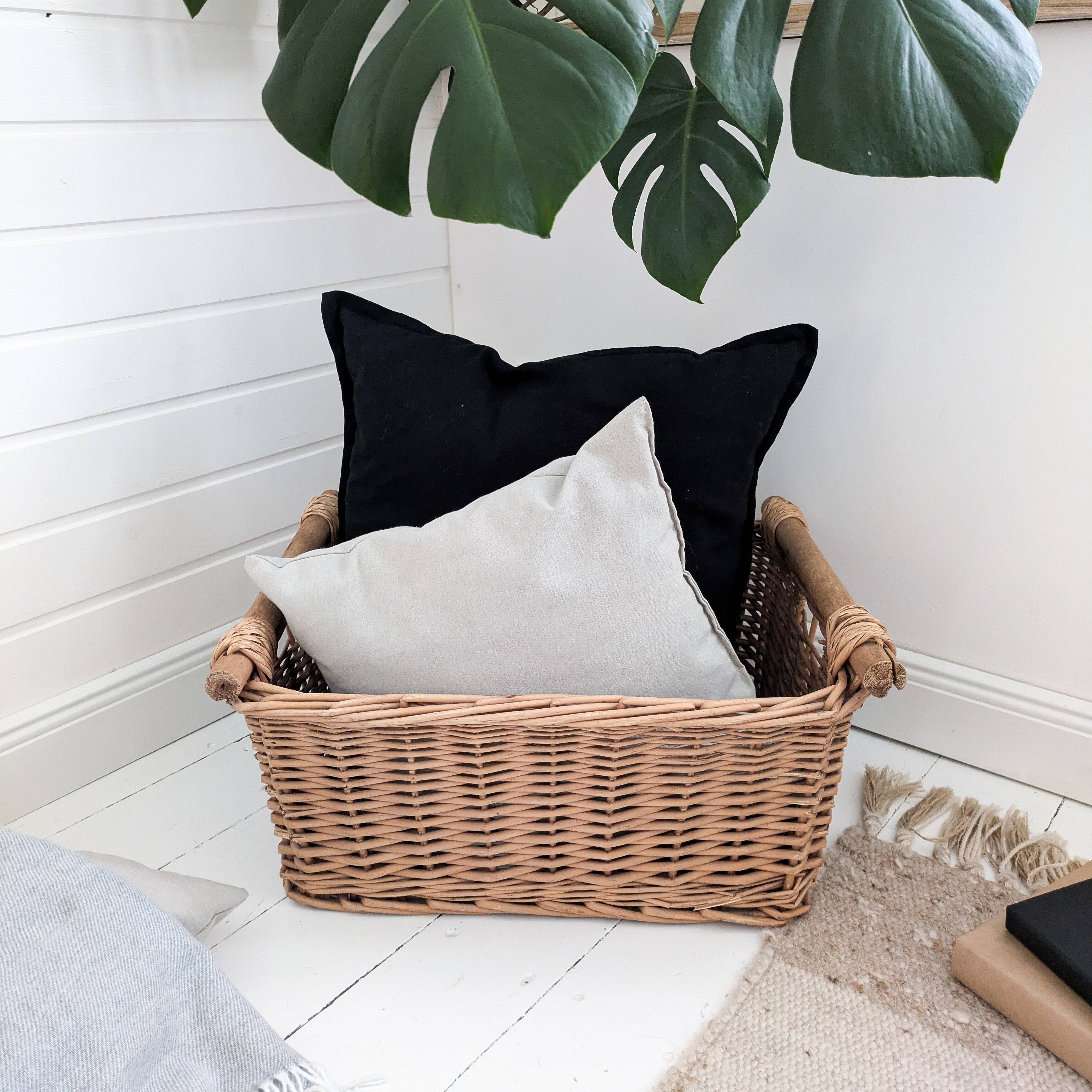 Panier Vintage Anse Rangement Mid Century Panier en osier tressé marron Travail manuel Hygge Skandi