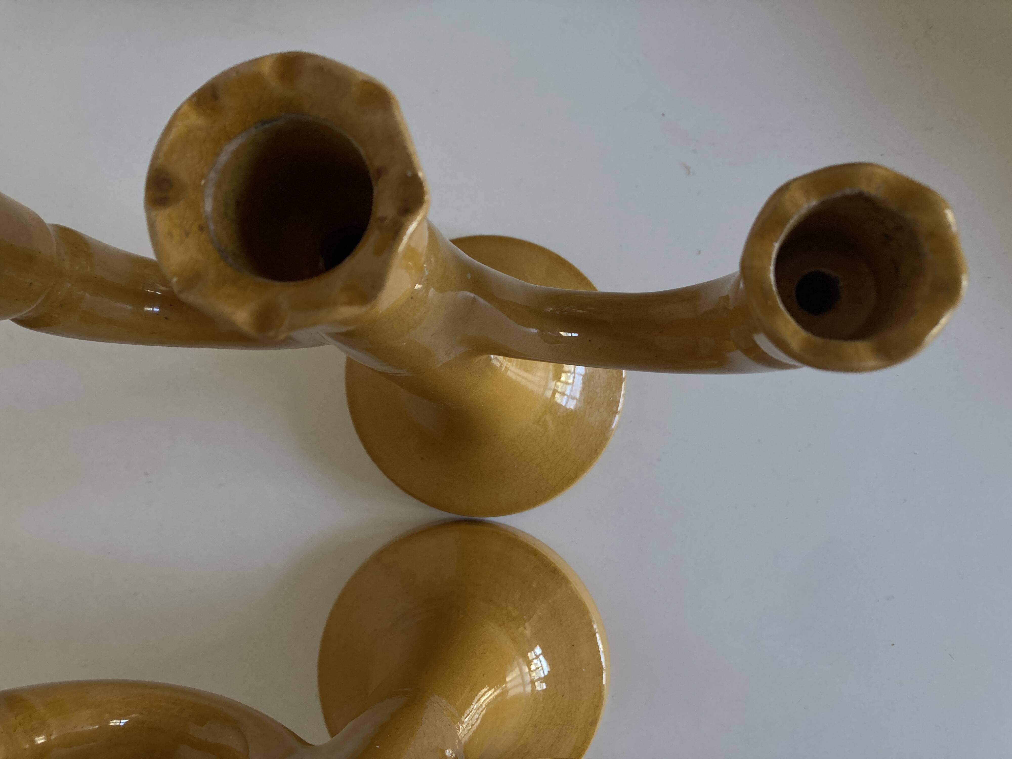 Paire de bougeoirs en terre vernissée Pichon Uzès 1960