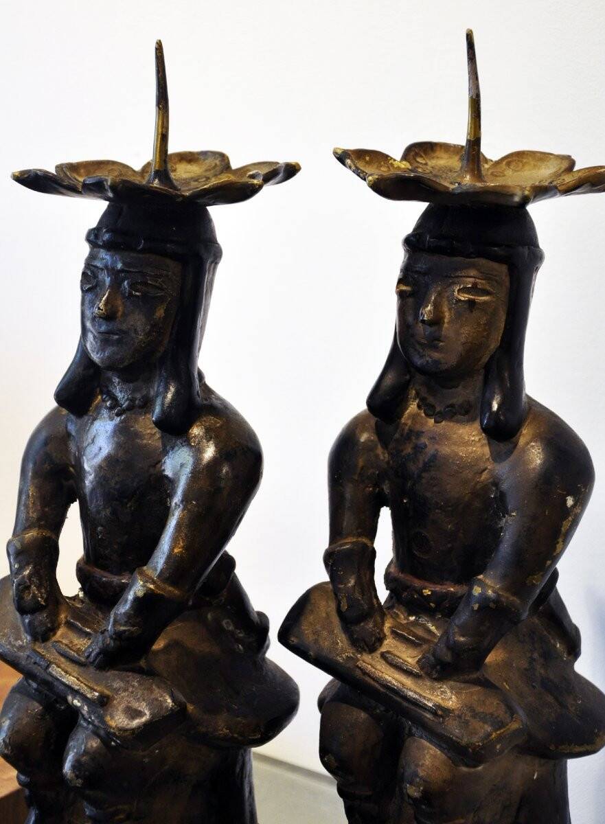Pair of Mexican Pre-Columbian Style Bronze Candlesticks, 20th Century