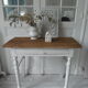Dessert, old desk, pedestal and pearl grey patinated oak belt, wooden tray