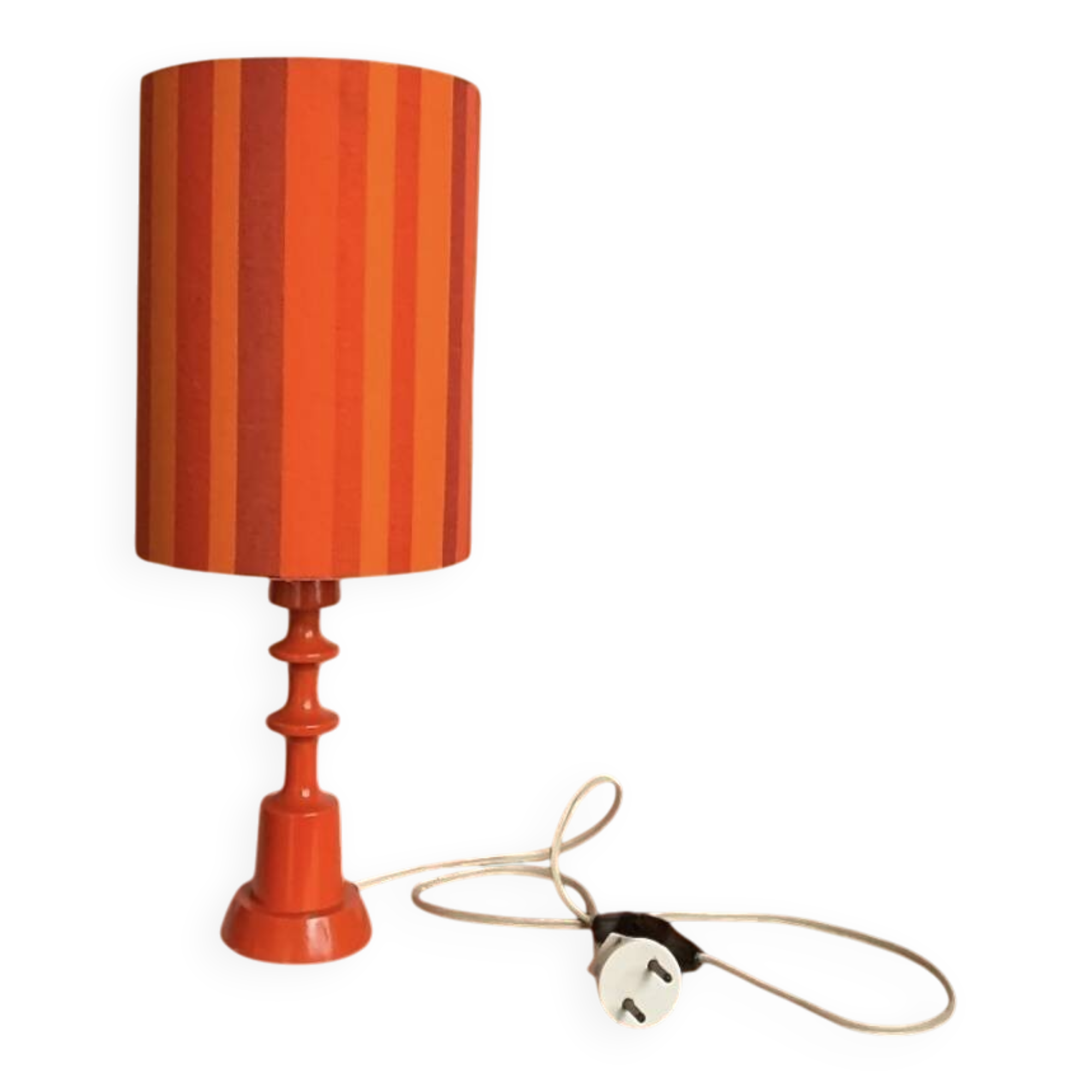Vintage side lamp in orange painted wood and ribbed fabric shade