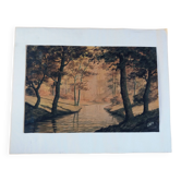 Watercolor signed Darta landscape river and forest