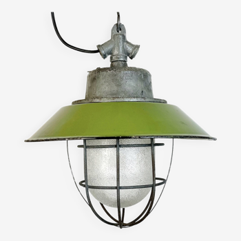 Green Enamel and Cast Iron Industrial Cage Pendant Light, 1960s