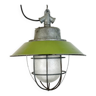 Lampe à Suspension Cage Industrielle en Émail Vert et Fonte, 1960s