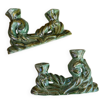 Lot de 2 bougeoirs doubles en céramique années 1930 Hubert Bequet