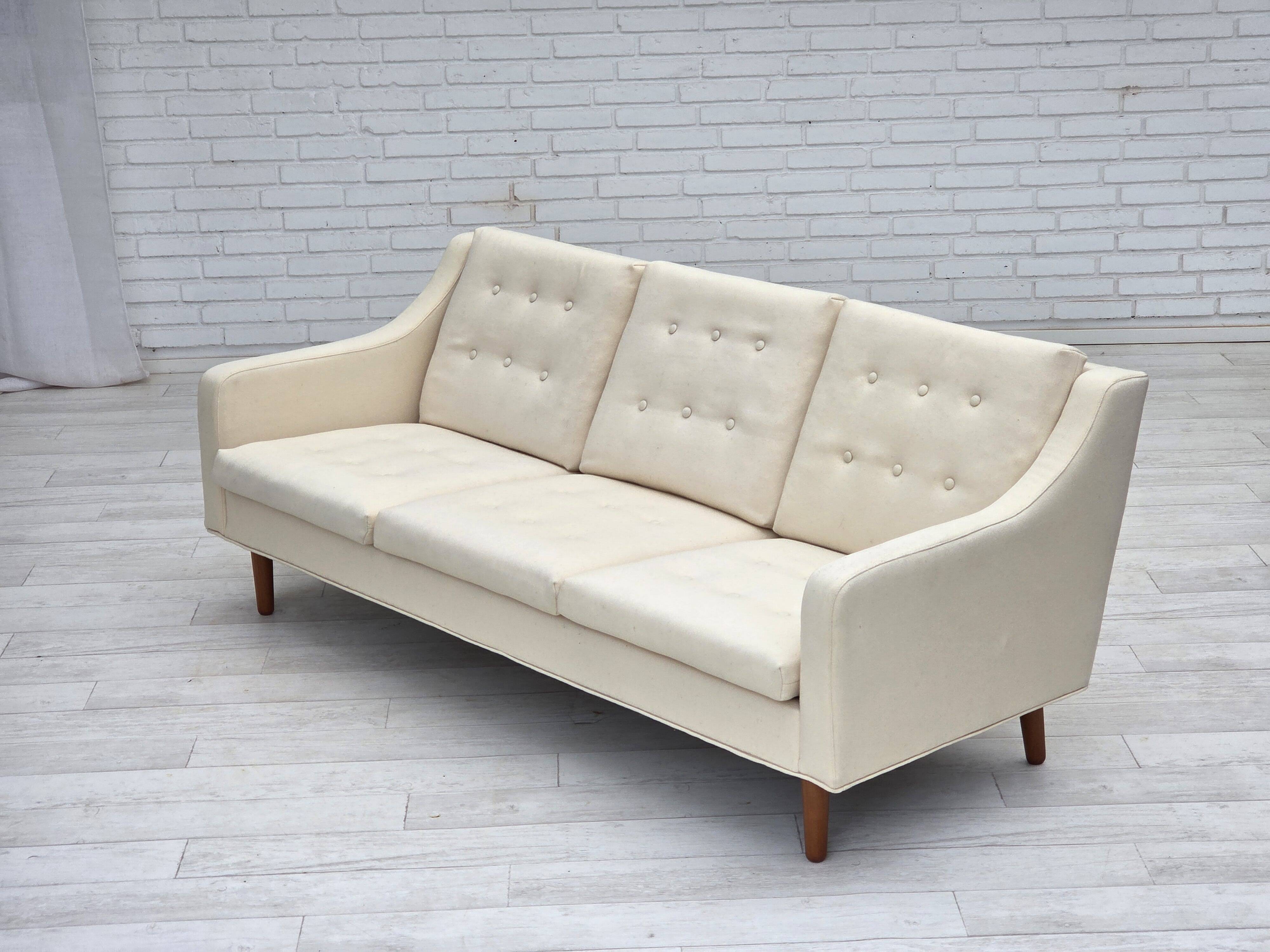 1970s, 3-seater Danish sofa, beige/white furniture wool, teak wood legs.