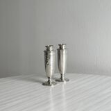 Pair of single-flower vases in patinated silver metal