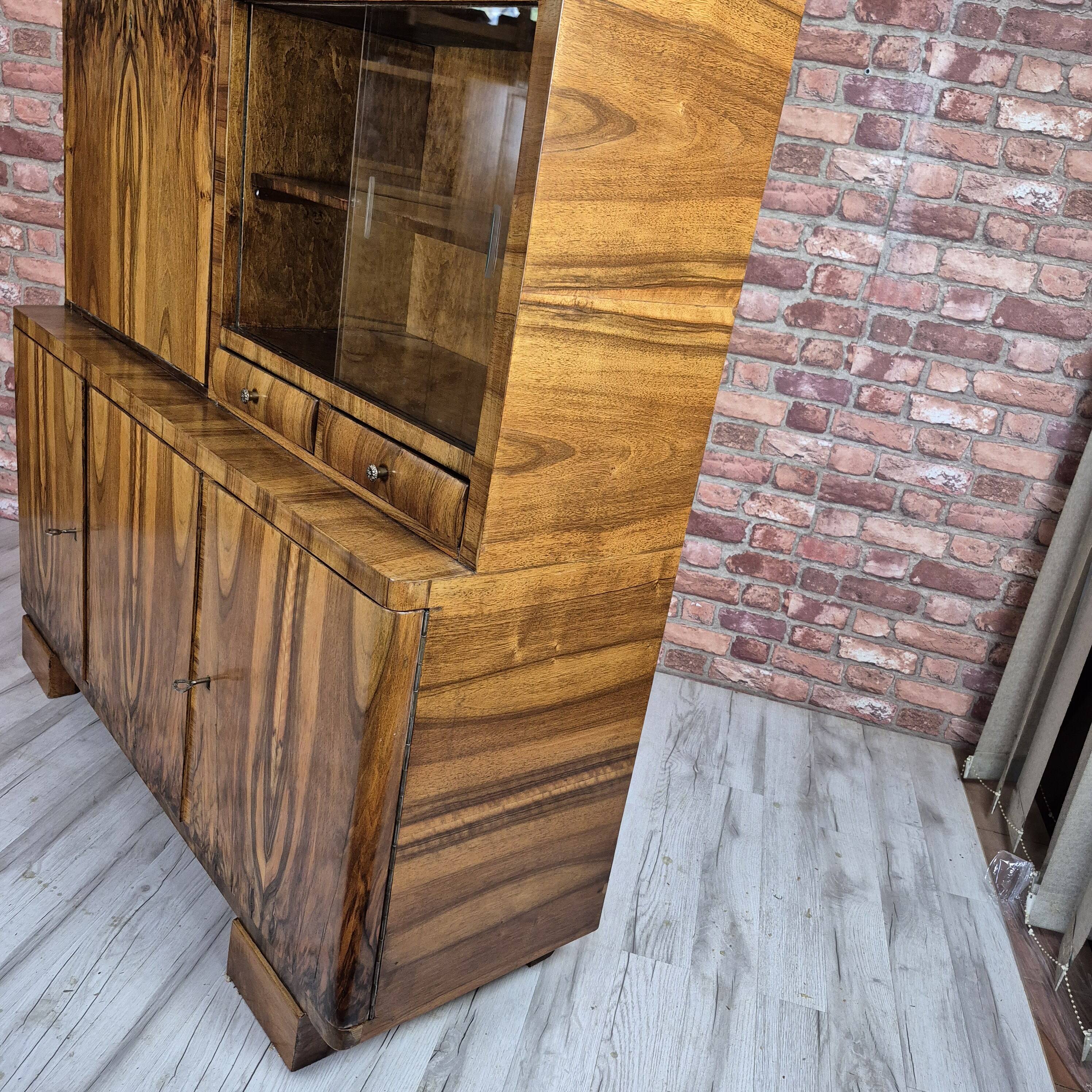 Restored Mid-Century Flame Walnut Highboard with Bar Cabinet - 1960s