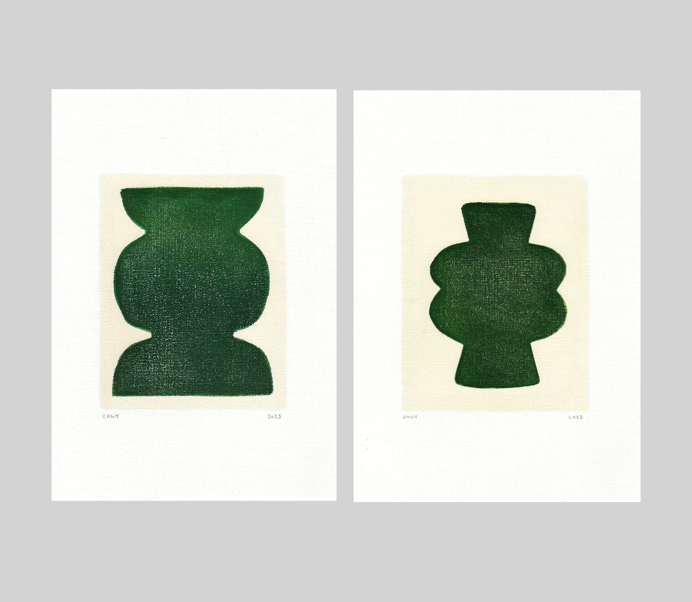Duo of paintings on paper - pow and mood - dark green - signed eawy