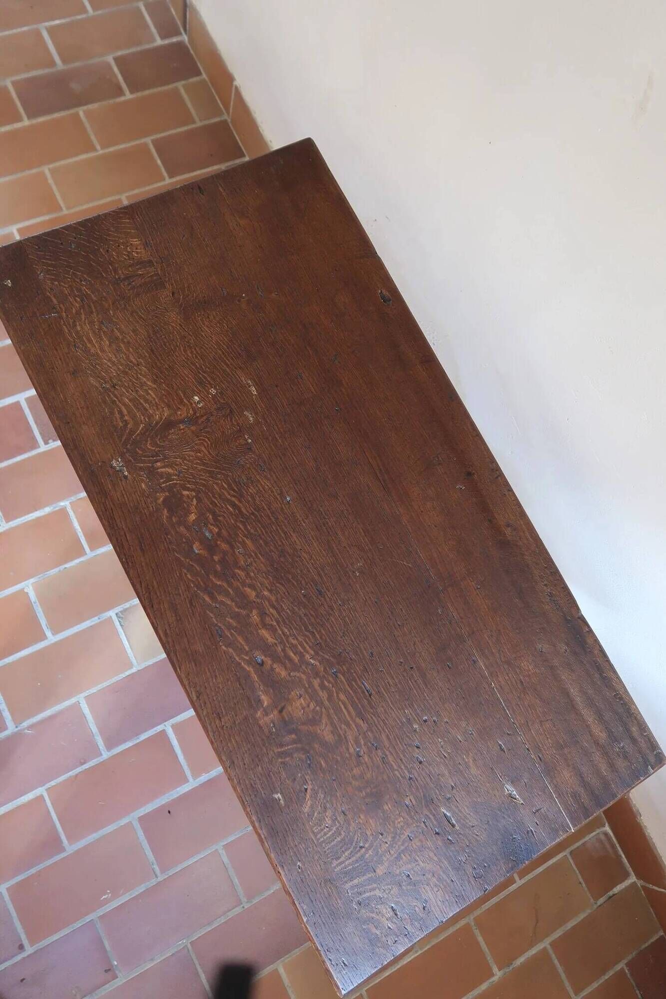 Solid oak coffee table, key stretcher, 1950s.