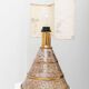 Brown ceramic mid-century table lamp with cream handmade paper floral shade and brass accents