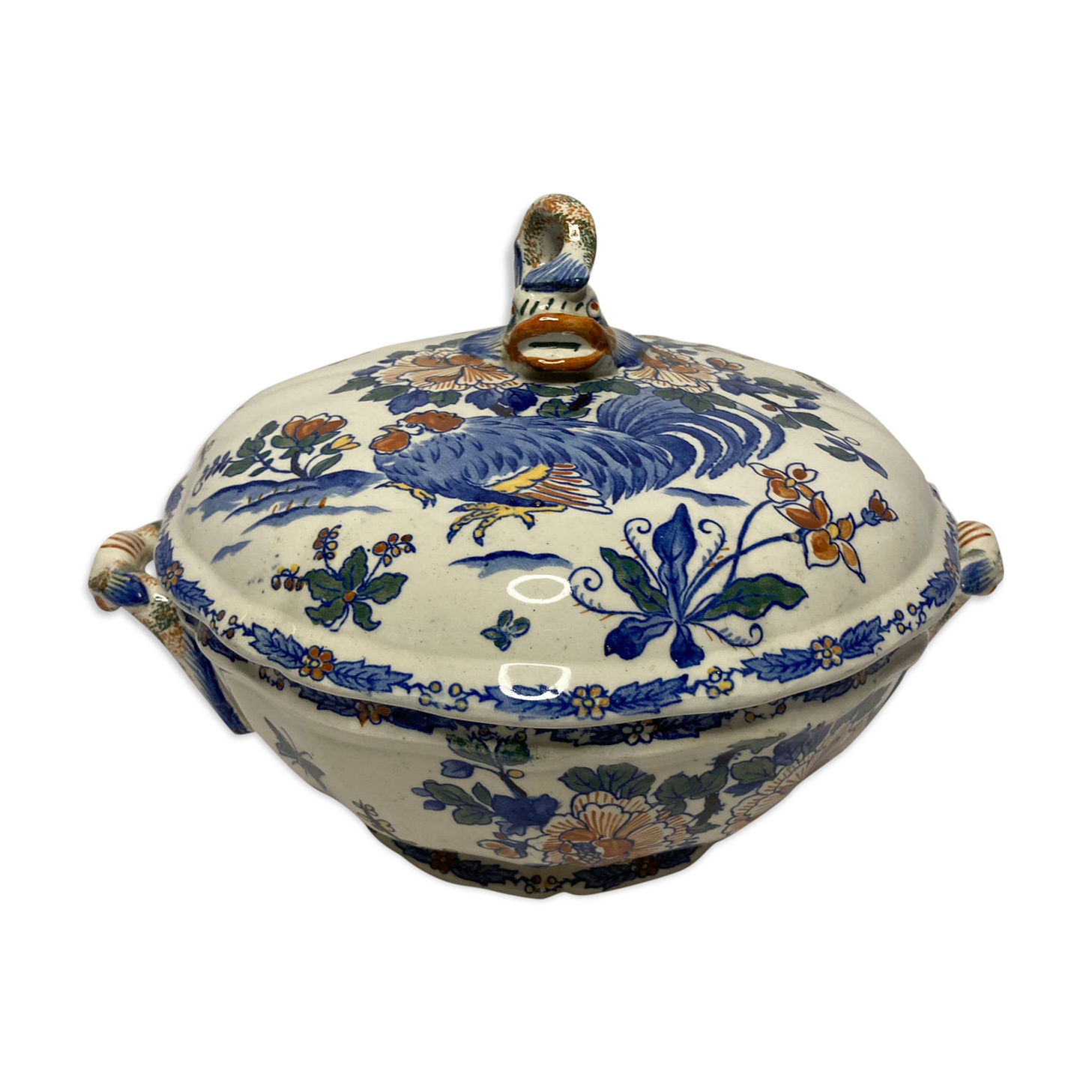 Old soup pot faience GIEN decoration to the rooster early twentieth century