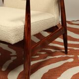 Scandinavian style set lounge chair and ottoman footrest in boucle fabric natural dark wood Mid Cent