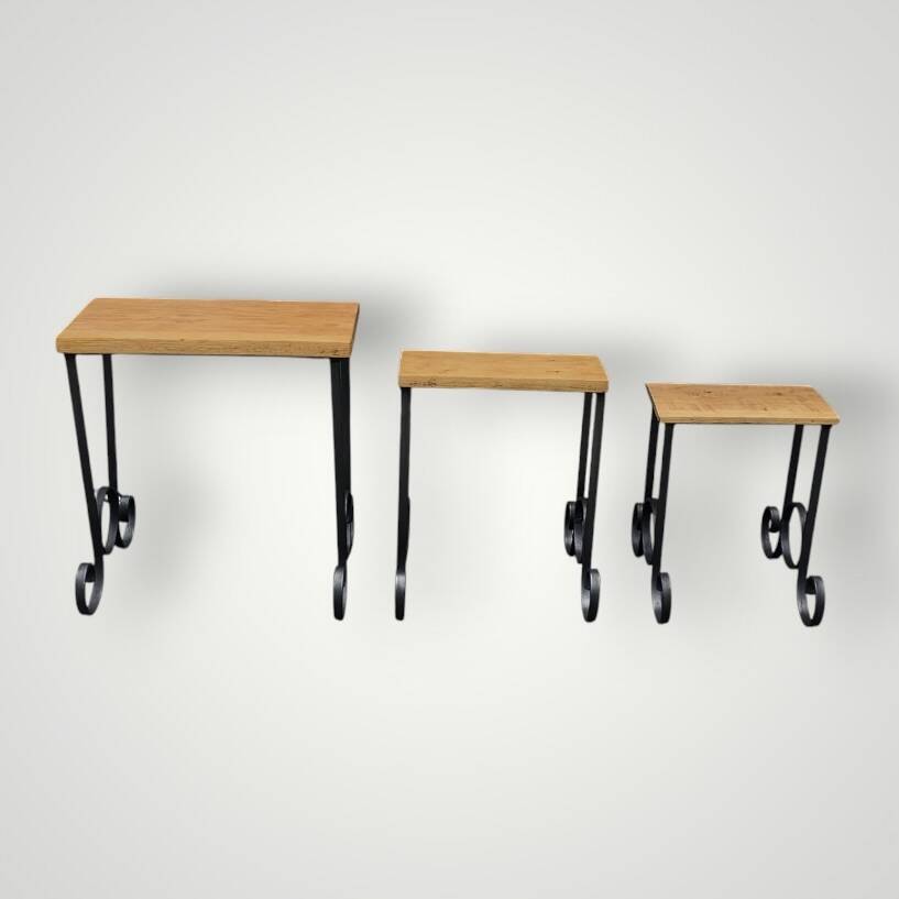 Antique wooden and wrought iron nesting tables – circa 1950