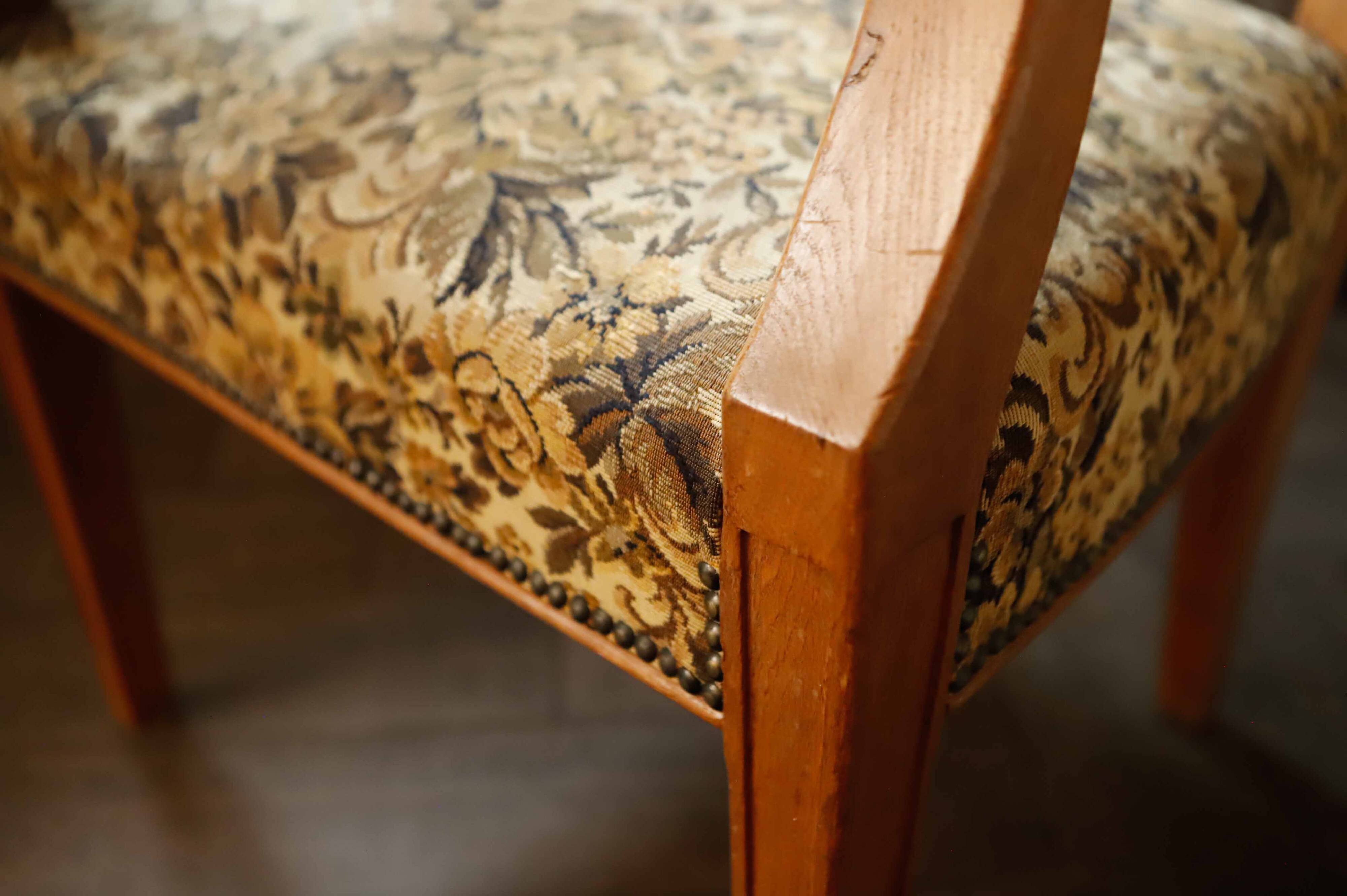 Vintage Salon Armchair with Floral Tapestry Upholstery and Scroll Armrests