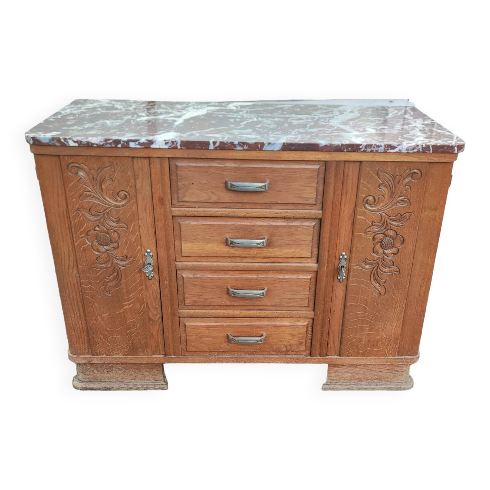 Small Buffet Commode Solid wood 4 drawer - Red marble - 1950
