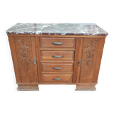 Buffet en bois massif 4 tiroirs - marbre rouge - 1950
