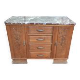 Buffet en bois massif 4 tiroirs - marbre rouge - 1950