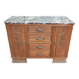 Buffet en bois massif 4 tiroirs - marbre rouge - 1950