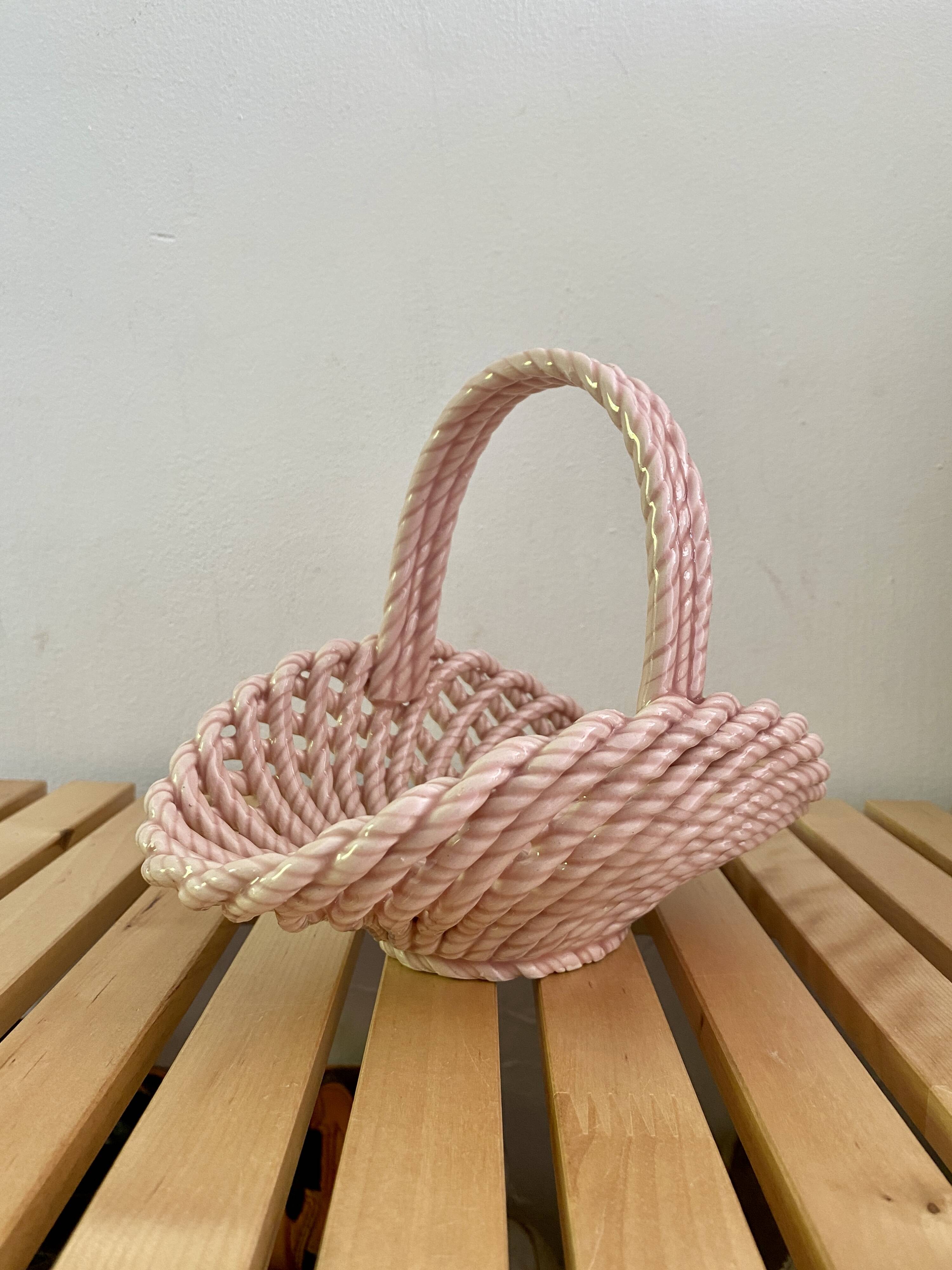 Vintage pink woven ceramic basket