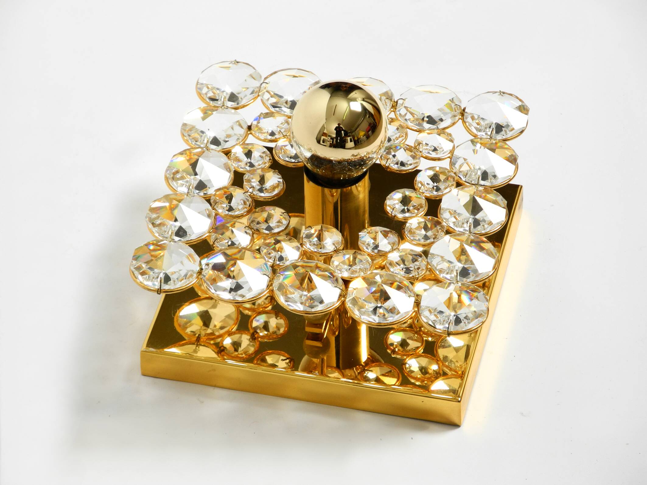 Small 70s Palwa brass ceiling or wall lamp with faceted crystal stones