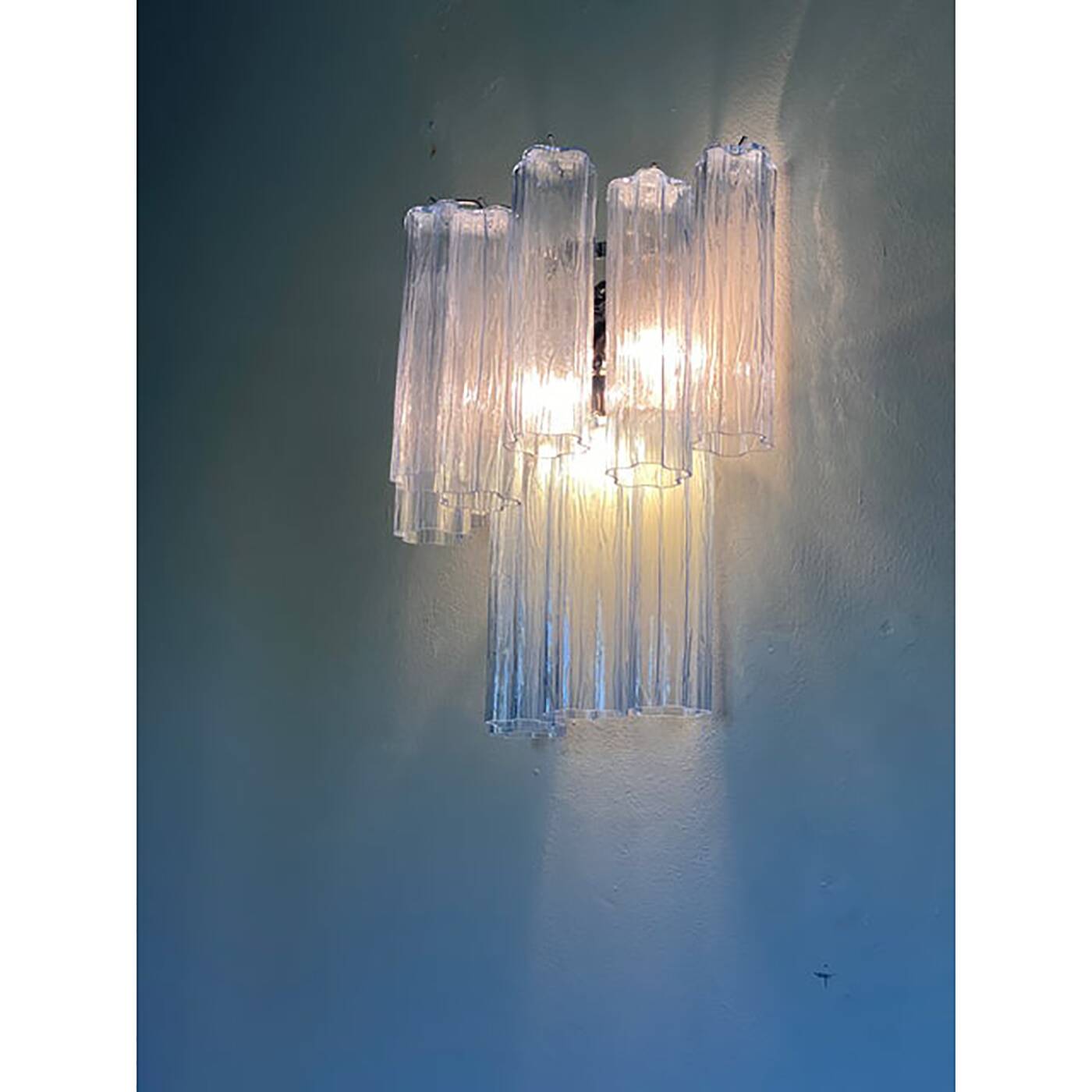 Contemporary Light-Blue “Tronchi”Murano Glass Wall Sconces in Venini Style - a Pair