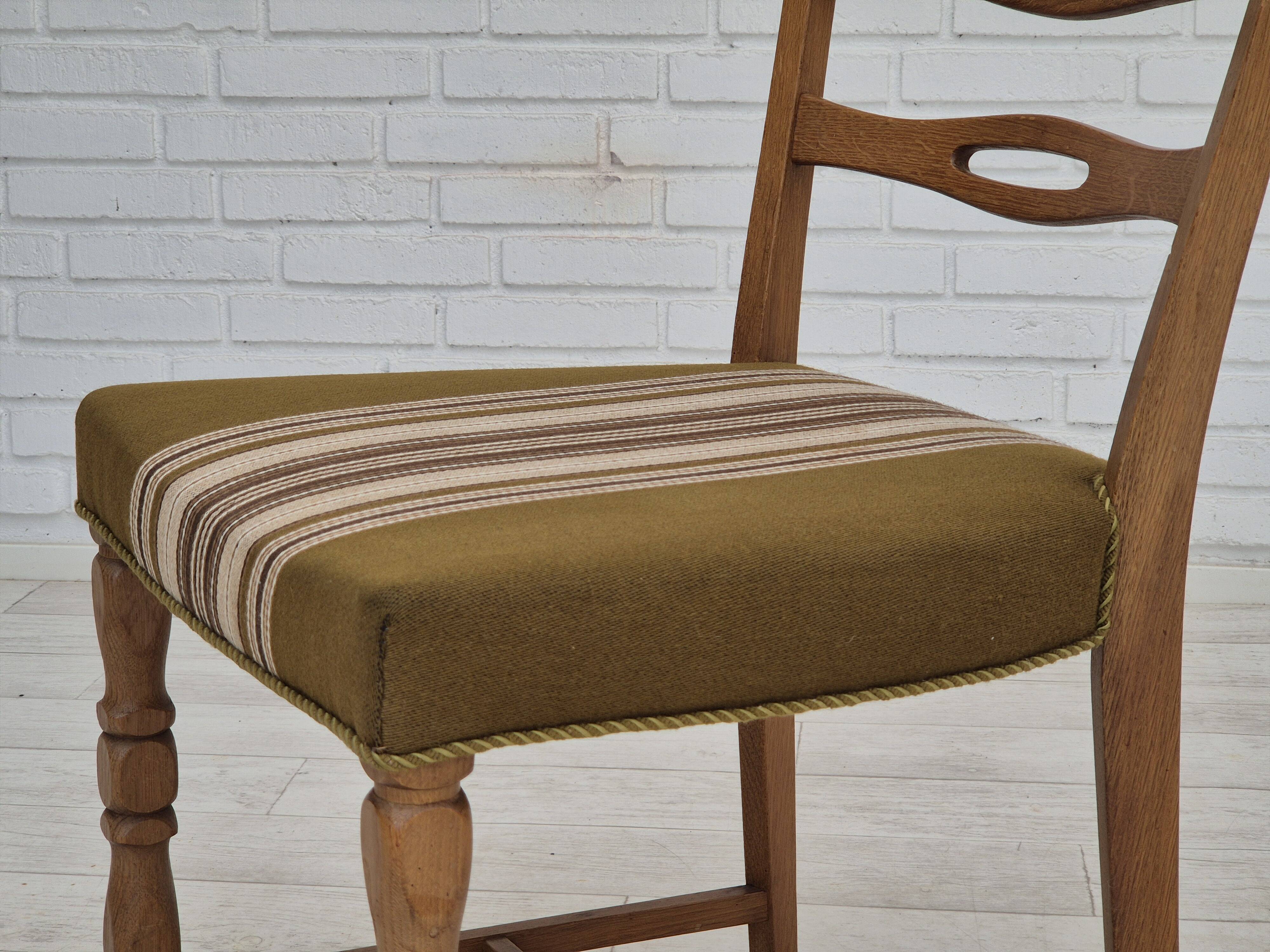 1970s, set of 4 Danish dining chairs in oak wood, green furniture wool.