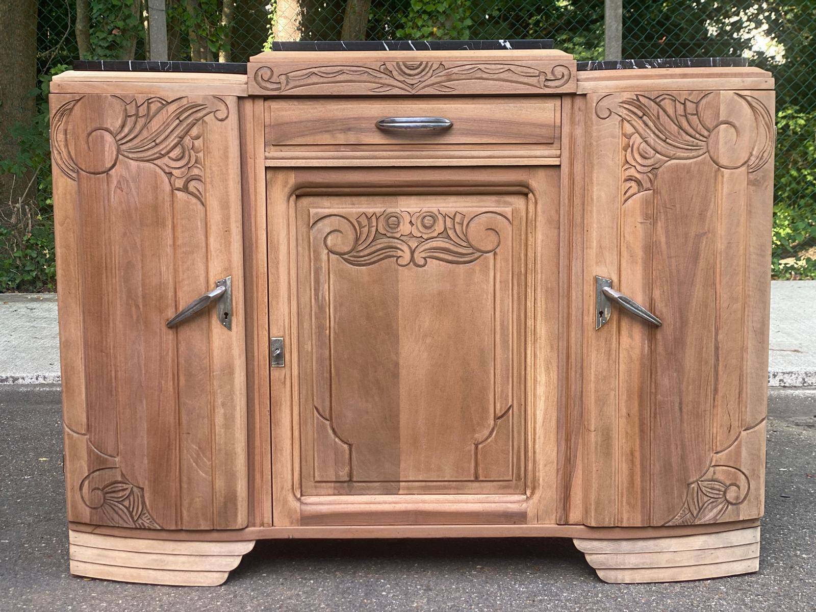 Art Deco sideboard renovated in solid walnut with black marble, 1930.