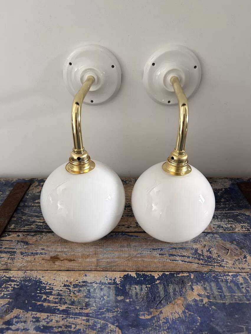 Pair of vintage white opaline wall lights
