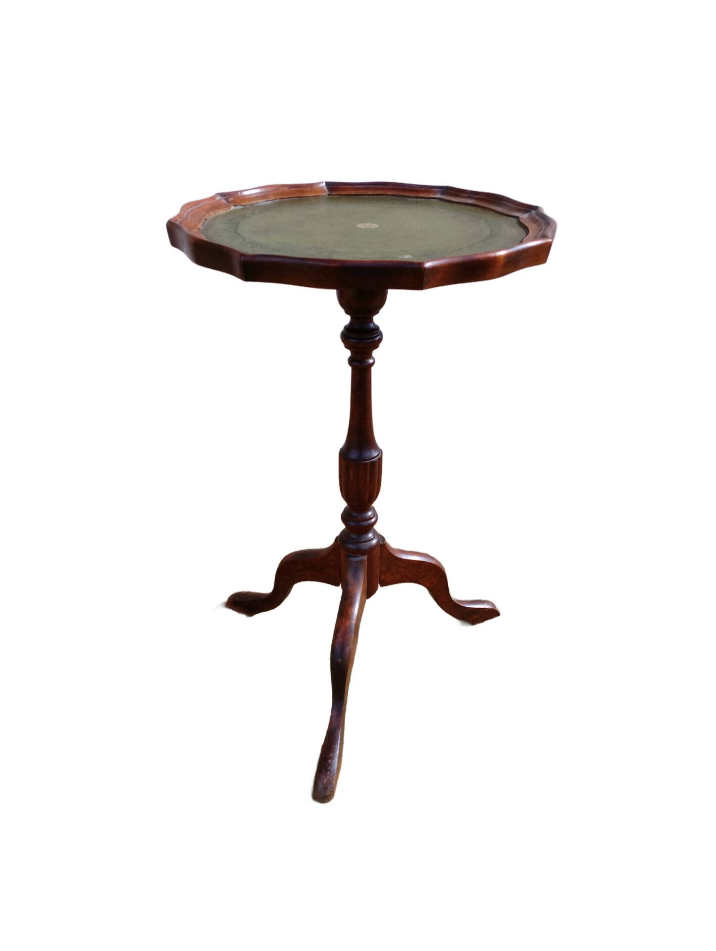 Table d’appoint à vin, guéridon ancien en bois et cuir vert