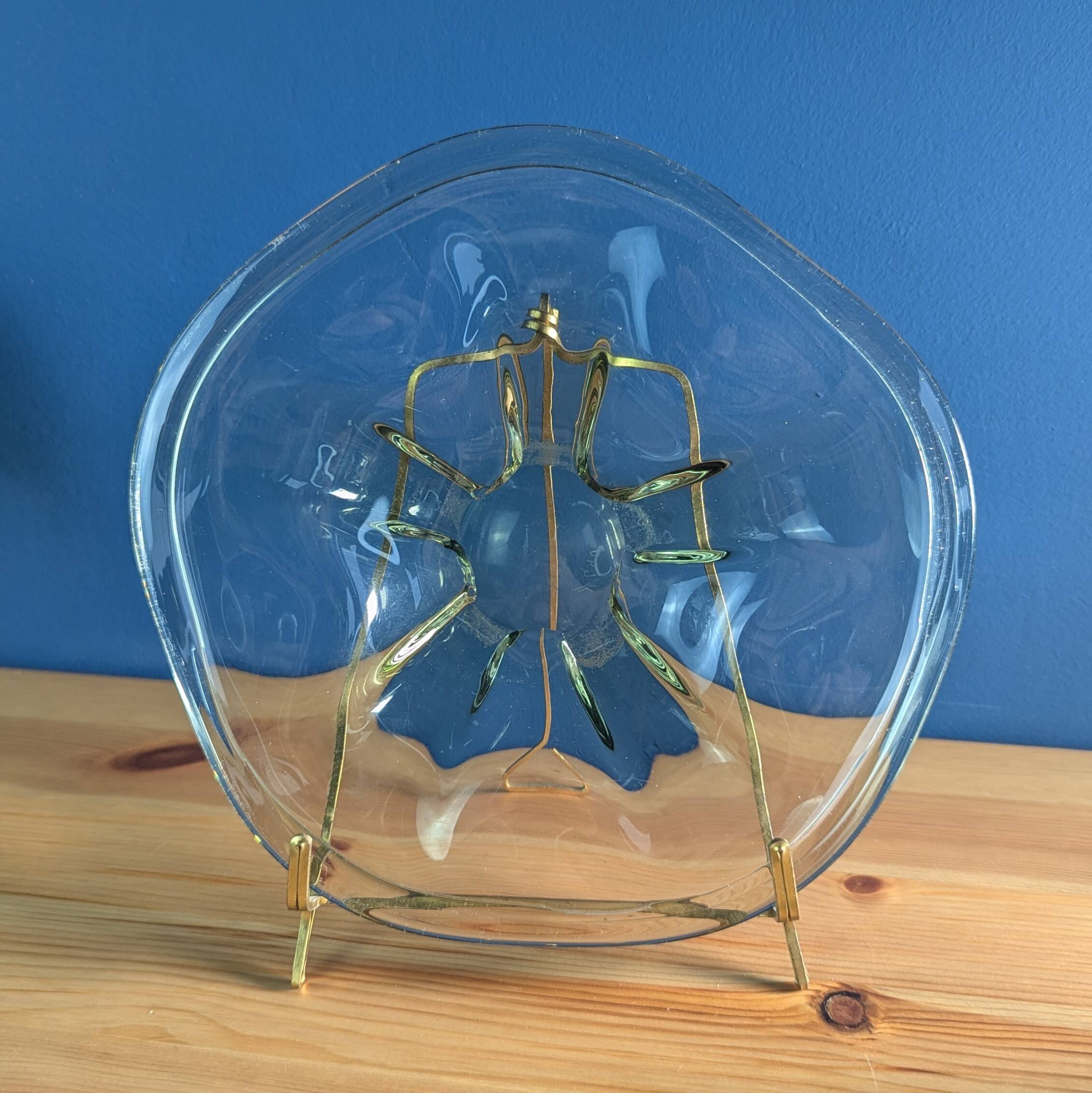 4 wavy glass bowls plates in smoked green design, signed and numbered