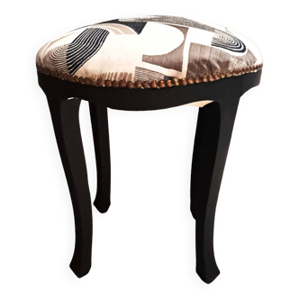 Black wood piano stool Art Deco fabric restoration upholstery 1950 living room decoration